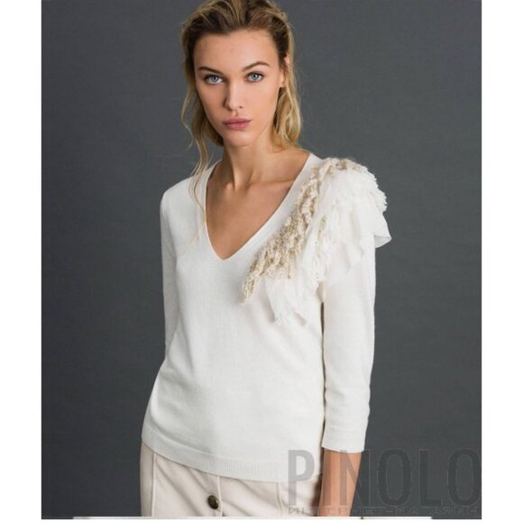 Twinset Wool Cashmere Blend Sweater L Asymmetric Ruffle Fringe Ivory Luxury - Picture 2 of 15